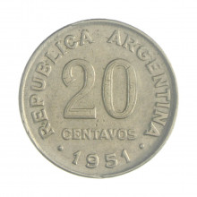 Km#48 20 Centavos 1951 MBC Argentina América Cupro-Níquel 21(mm) 4(gr)