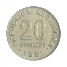 Km#48 20 Centavos 1951 MBC+ Argentina América Cunho Marcado Cupro-Níquel 21(mm) 4(gr)
