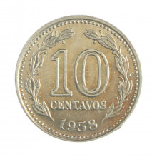 Km#54 10 Centavos 1958 MBC+ Argentina América Aço com revestimento de níquel 19(mm) 3(gr)
