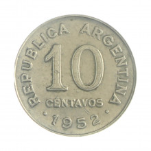 Km#47a 10 Centavos 1952 MBC+ Argentina América Aço com revestimento de níquel 19(mm) 3(gr)