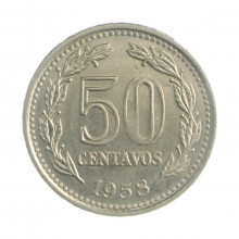 Km#56 50 Centavos 1958 MBC Argentina América Aço com revestimento de níquel 23.2(mm) 5(gr)