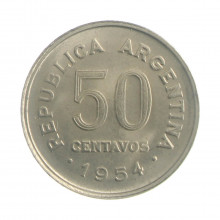 Km#49 50 Centavos 1954 MBC+ Argentina América Aço com revestimento de níquel 23(mm) 5(gr)