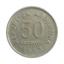 Km#49 50 Centavos 1953 MBC Argentina América Aço com revestimento de níquel 23(mm) 5(gr)