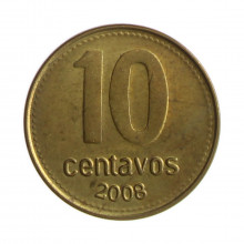 Km#107a 10 Centavos 2008 MBC Argentina América Magnético Aço com revestimento de latão 18.2(mm) 2.2(gr)