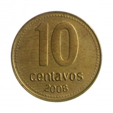 Km#107a 10 Centavos 2008 MBC+ Argentina América Magnético Aço com revestimento de latão 18.2(mm) 2.2(gr)
