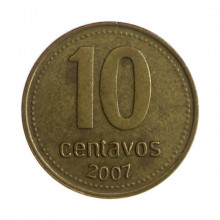Km#107a 10 Centavos 2007 MBC+ Argentina América Magnético Aço com revestimento de latão 18.2(mm) 2.2(gr)