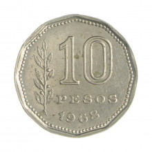 Km#60 10 Pesos 1968 MBC Argentina América Aço com revestimento de níquel 23(mm) 4.9(gr)