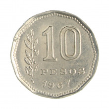 Km#60 10 Pesos 1967 MBC+ Argentina América Aço com revestimento de níquel 23(mm) 4.9(gr)
