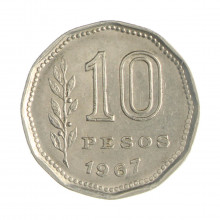 Km#60 10 Pesos 1967 MBC Argentina América Aço com revestimento de níquel 23(mm) 4.9(gr)