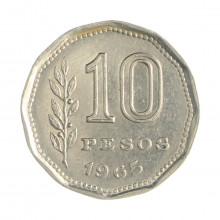 Km#60 10 Pesos 1965 MBC+ Argentina América Aço com revestimento de níquel 23(mm) 4.9(gr)