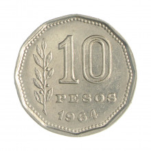 Km#60 10 Pesos 1964 MBC Argentina América Aço com revestimento de níquel 23(mm) 4.9(gr)
