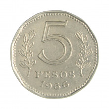 Km#59 5 Pesos 1966 MBC Argentina América Aço com revestimento de níquel 21.1(mm) 4(gr)