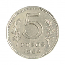 Km#59 5 Pesos 1964 MBC Argentina América Aço com revestimento de níquel 21.1(mm) 4(gr)