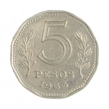 Km#59 5 Pesos 1963 MBC Argentina América Aço com revestimento de níquel 21.1(mm) 4(gr)