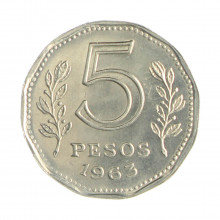 Km#59 5 Pesos 1963 MBC+ Argentina América Aço com revestimento de níquel 21.1(mm) 4(gr)