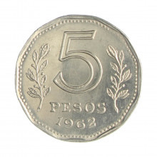 Km#59 5 Pesos 1962 MBC+ Argentina América Aço com revestimento de níquel 21.1(mm) 4(gr)