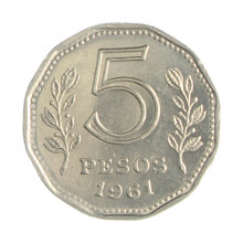 Km#59 5 Pesos 1961 MBC+ Argentina América Aço com revestimento de níquel 21.1(mm) 4(gr)