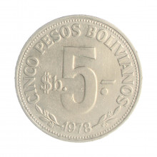 Km#197 5 Pesos 1978 MBC+ Bolívia América Aço com revestimento de Níquel 30(mm) 8.5(gr)