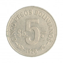 Km#197 5 Pesos 1976 MBC Bolívia América Aço com revestimento de Níquel 30(mm) 8.5(gr)