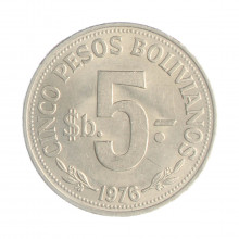 Km#197 5 Pesos 1976 MBC+ Bolívia América Aço com revestimento de Níquel 30(mm) 8.5(gr)