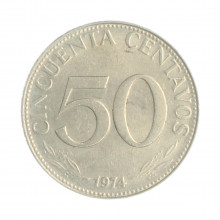 Km#190 50 Centavos 1974 MBC Bolívia América Aço com revestimento de Níquel 24(mm) 4(gr)
