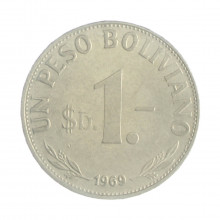 Km#192 1 Peso 1969 MBC Bolívia América Aço com revestimento de Níquel 27(mm) 6(gr)