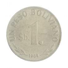 Km#192 1 Peso 1968 MBC Bolívia América Aço com revestimento de Níquel 27(mm) 6(gr)