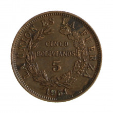 Km#185 5 Bolivianos 1951 H MBC Bolívia América Bronze 23(mm) 5.14(gr)
