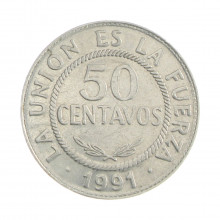 Km#204 50 Centavos 1991 MBC Bolívia América Aço Inoxídavel 24(mm) 3.8(gr)