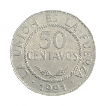 Km#204 50 Centavos 1991 MBC Bolívia América Aço Inoxídavel 24(mm) 3.8(gr)