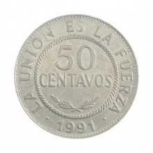 Km#204 50 Centavos 1991 MBC Bolívia América Aço Inoxídavel 24(mm) 3.8(gr)