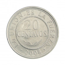Km#203 20 Centavos 2008 MBC+ Bolívia América Aço Inoxídavel 22(mm) 3.66(gr)