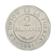 Km#206.1 2 Bolivianos 1991 MBC Bolívia América Aço Inoxídavel 27(mm) 6.25(gr)