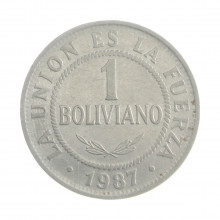 Km#205 1 Boliviano 1987 MBC Bolívia América Aço Inoxídavel 27(mm) 5(gr)