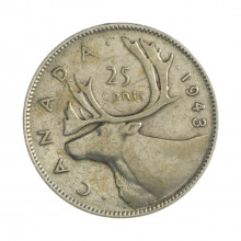 Km#35 25 Cents 1943 MBC Canadá América Prata 0.800 23.62(mm) 5.83(gr)