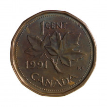 Km#181 1 Cent 1991 MBC+ Canadá América C/pátina azulada Bronze 19.1(mm) 2.5(gr)
