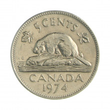 Km#60.1 5 Cents 1974 MBC Canadá América Níquel 21.21(mm) 4.54(gr)