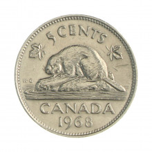 Km#60.1 5 Cents 1968 MBC Canadá América Níquel 21.21(mm) 4.54(gr)