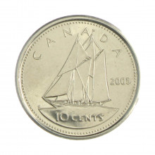 Km#492 10 Cents 2005 P MBC+ Canadá América Aço com revestimento de níquel 18.03(mm) 1.75(gr)