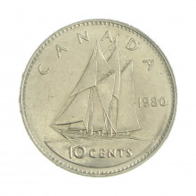 Km#77.2 10 Cents 1980 MBC+ Canadá América Níquel 18.034(mm) 2.07(gr)