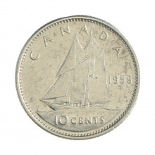 Km#51 10 Cents 1956 MBC Canadá América Prata  0.800 18.034(mm) 2.33(gr)