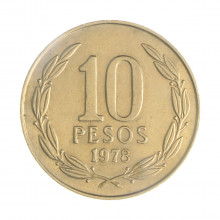 Km#210 10 Pesos 1978 So MBC Chile América Latão com revestimento de níquel 28(mm) 9(gr)