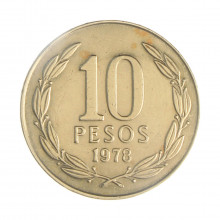 Km#210 10 Pesos 1978 So MBC+ Chile América Latão com revestimento de níquel 28(mm) 9(gr)