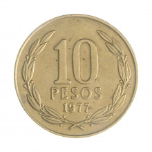 Km#210 10 Pesos 1977 So MBC Chile América Latão com revestimento de níquel 28(mm) 9(gr)