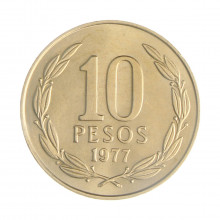 Km#210 10 Pesos  1977 So MBC/SOB Chile  América  Latão com revestimento de níquel  28(mm) 9(gr)