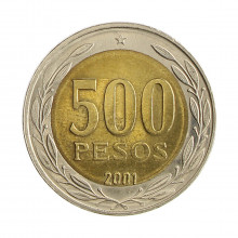 Km#235 500 Pesos  2001 So MBC+ Chile  América  Bimetálico  26(mm) 6.5(gr)