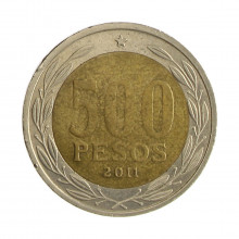 Km#235 500 Pesos  2011 So MBC Chile  América  Bimetálico  26(mm) 6.5(gr)