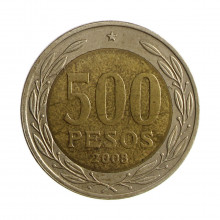 Km#235 500 Pesos  2008 So MBC Chile  América  Bimetálico  26(mm) 6.5(gr)