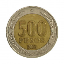 Km#235 500 Pesos  2003 So MBC  Chile  América  Bimetálico  26(mm) 6.5(gr)