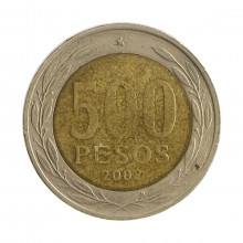 Km#235 500 Pesos  2002 So BC Chile  América  Bimetálico  26(mm) 6.5(gr)